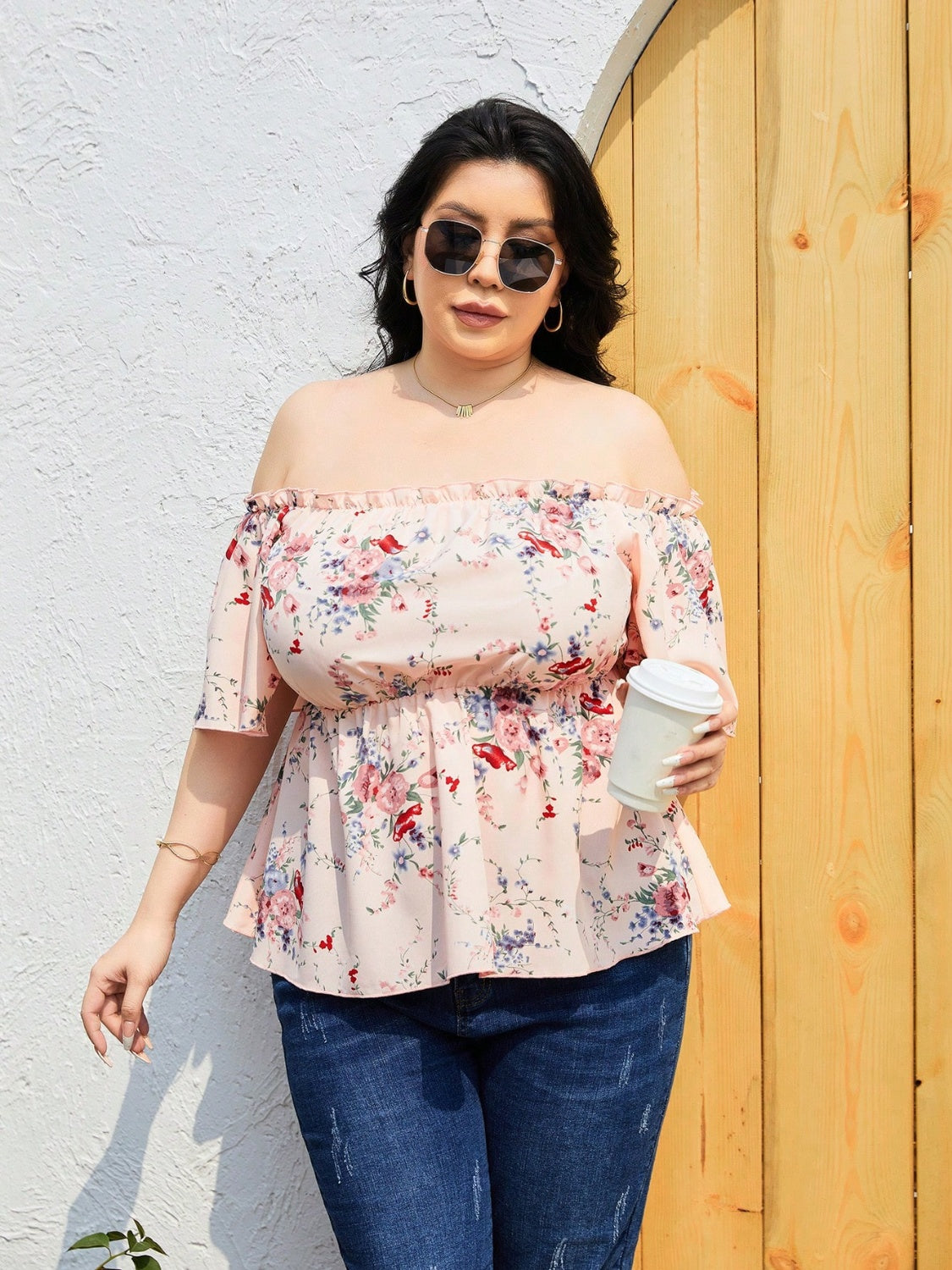 Plus Size Frill Printed Flutter Sleeve Blouse.