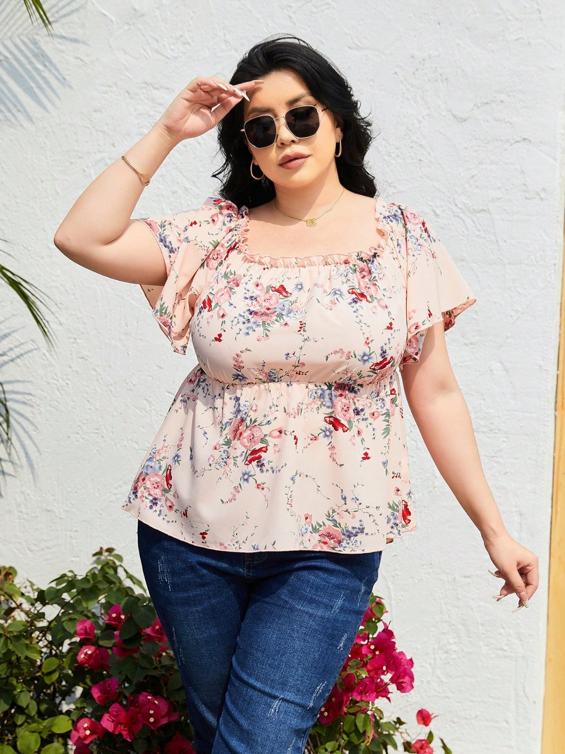 Plus Size Frill Printed Flutter Sleeve Blouse.