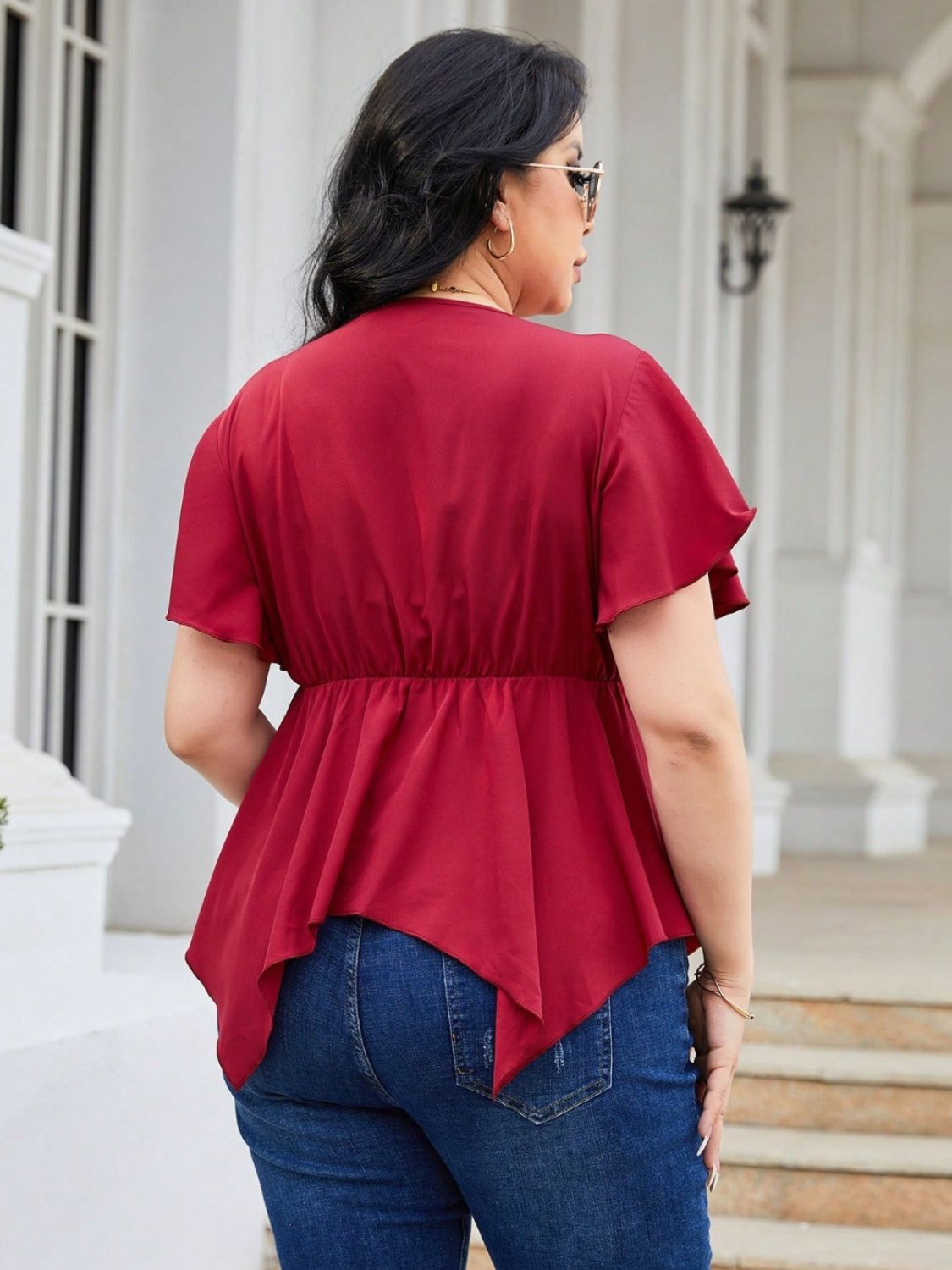Plus Size Frill Surplice Flutter Sleeve Blouse.