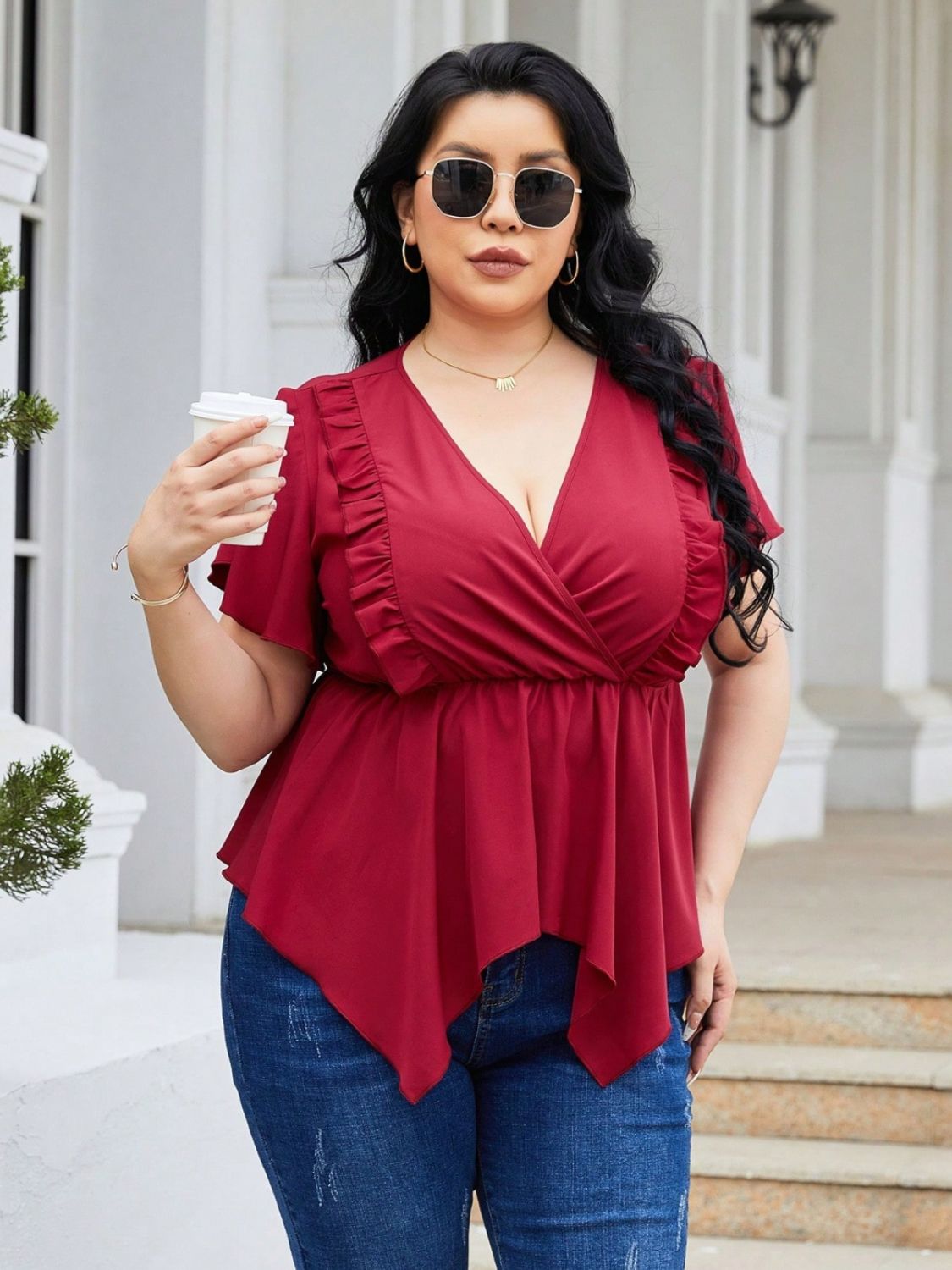 Plus Size Frill Surplice Flutter Sleeve Blouse.
