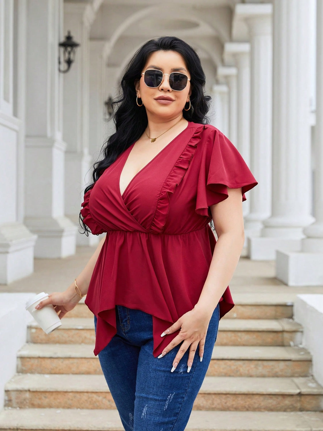 Plus Size Frill Surplice Flutter Sleeve Blouse.