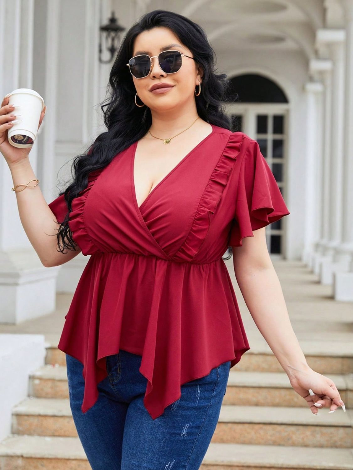 Plus Size Frill Surplice Flutter Sleeve Blouse.