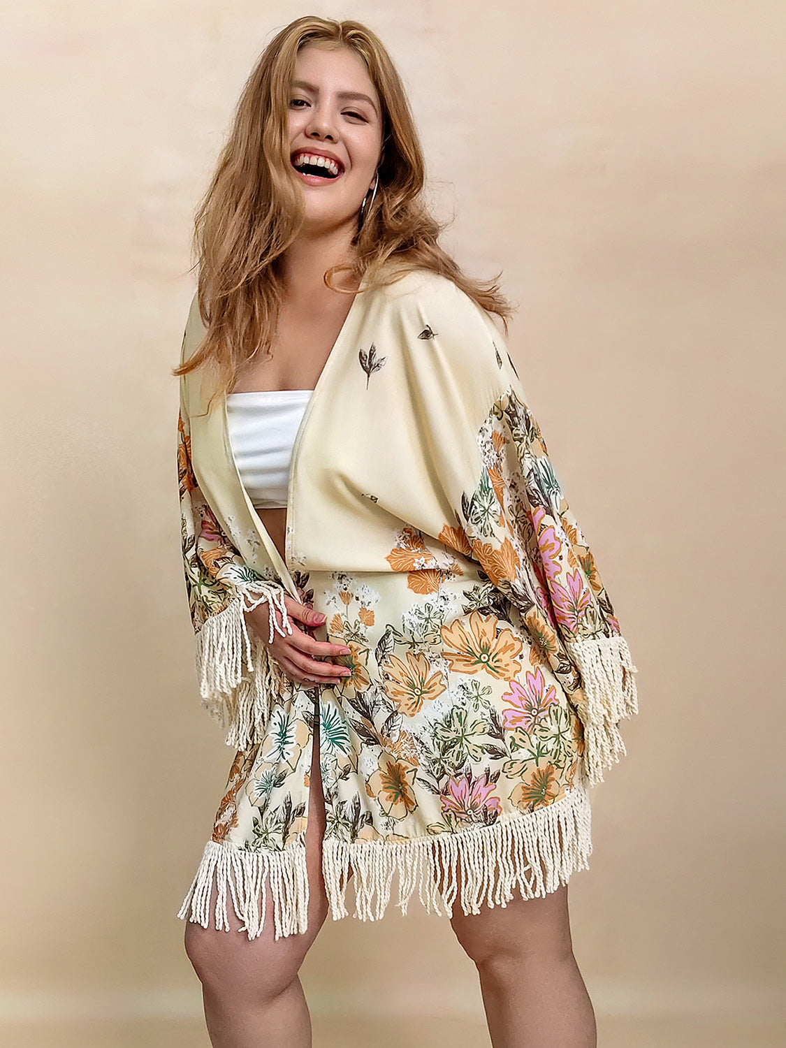 Plus size fringe printed open front cardigan.