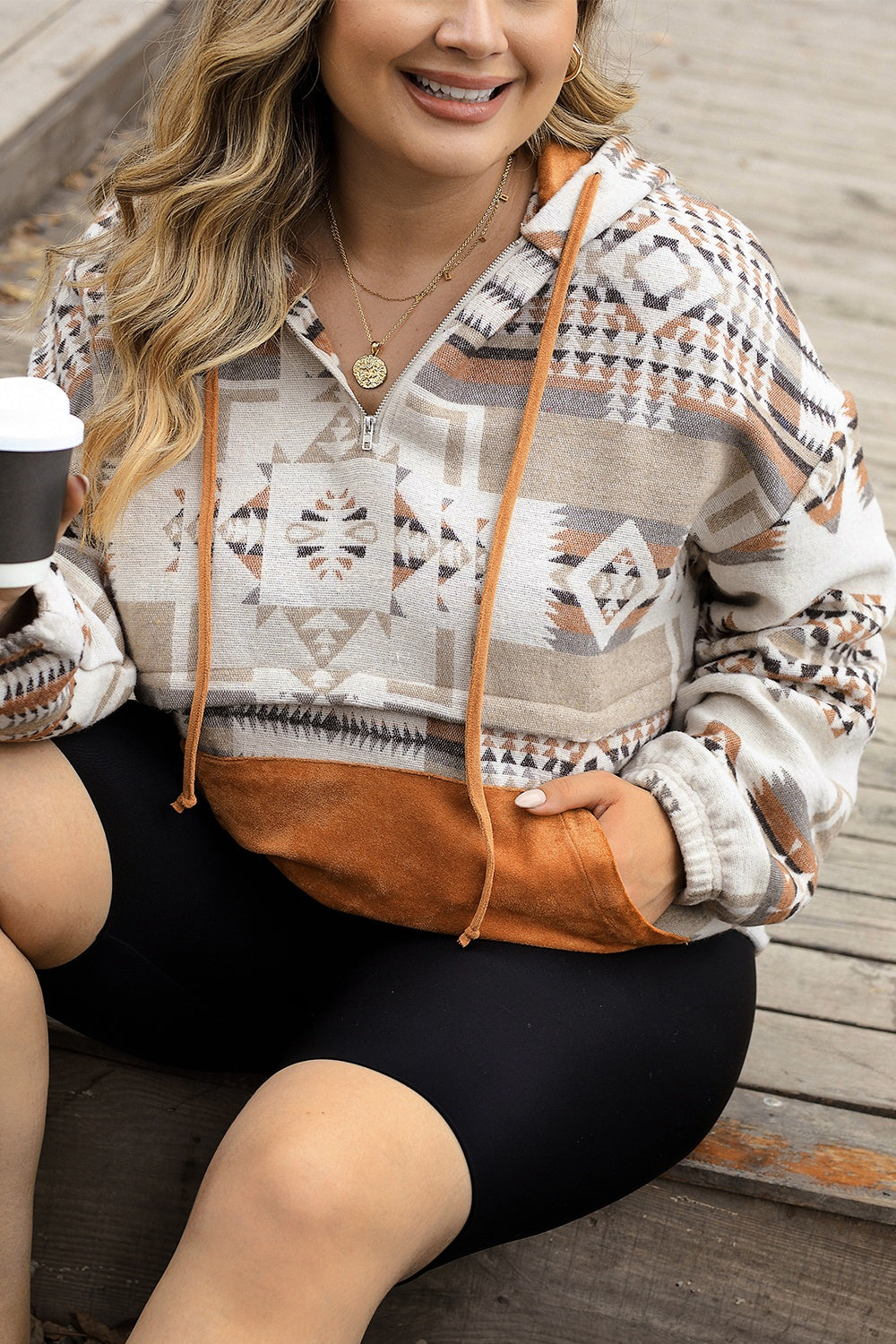 Plus size geometric print kangaroo pockets hoodie with drawstring.