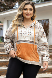 Plus size geometric print kangaroo pockets hoodie with drawstring.