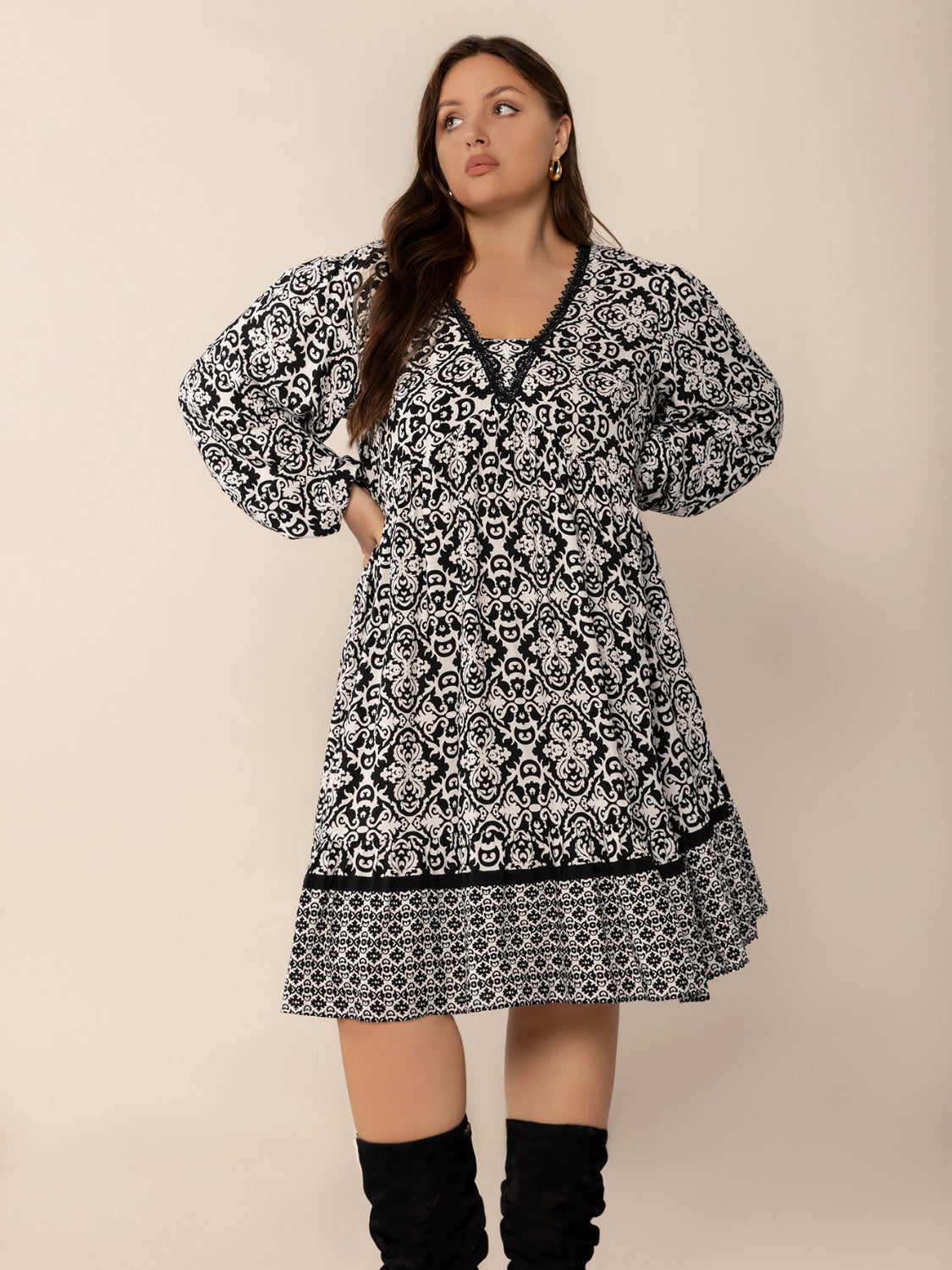 Plus Size Lace Detail Printed Balloon Sleeve Dress.