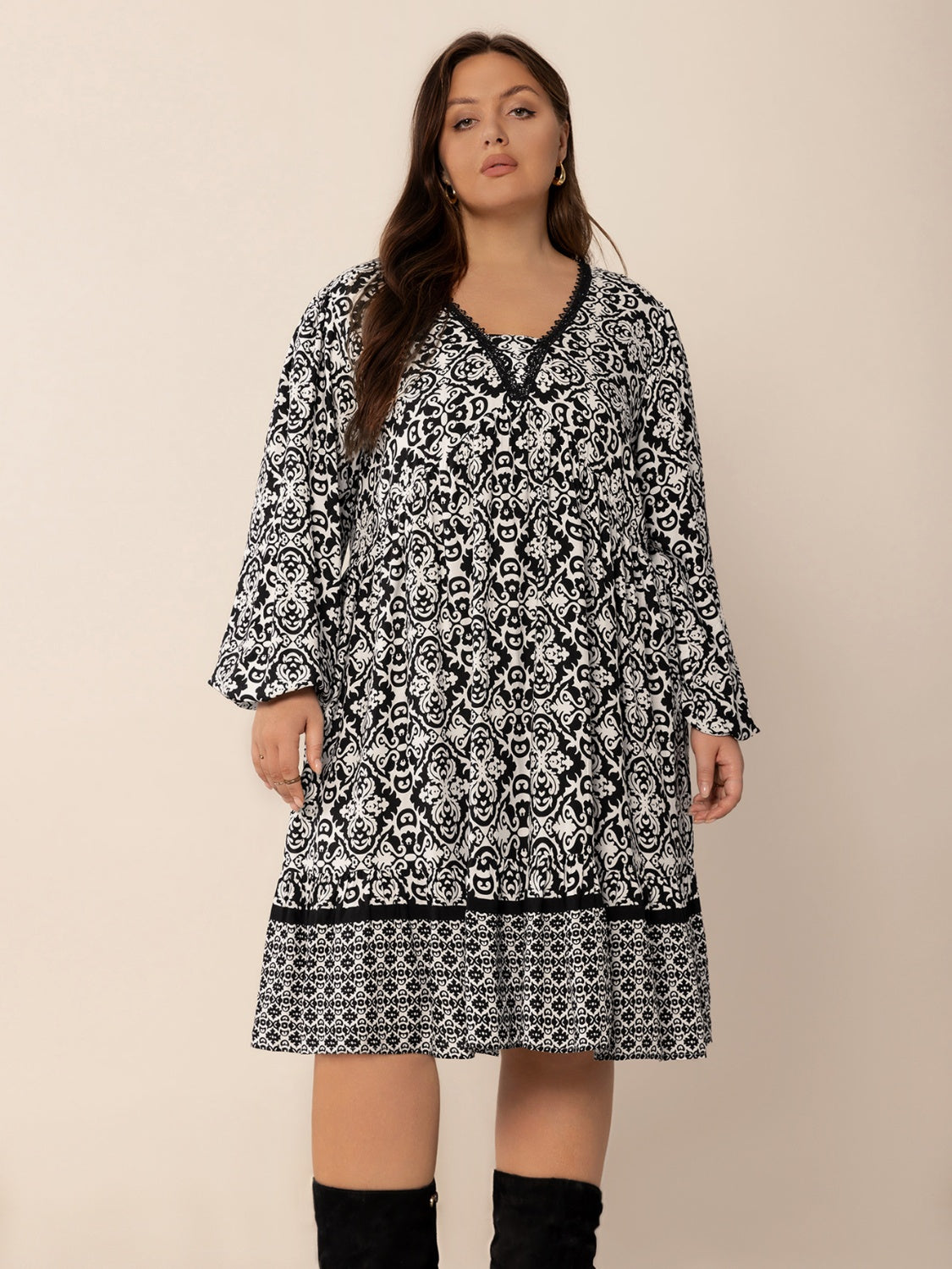 Plus Size Lace Detail Printed Balloon Sleeve Dress.
