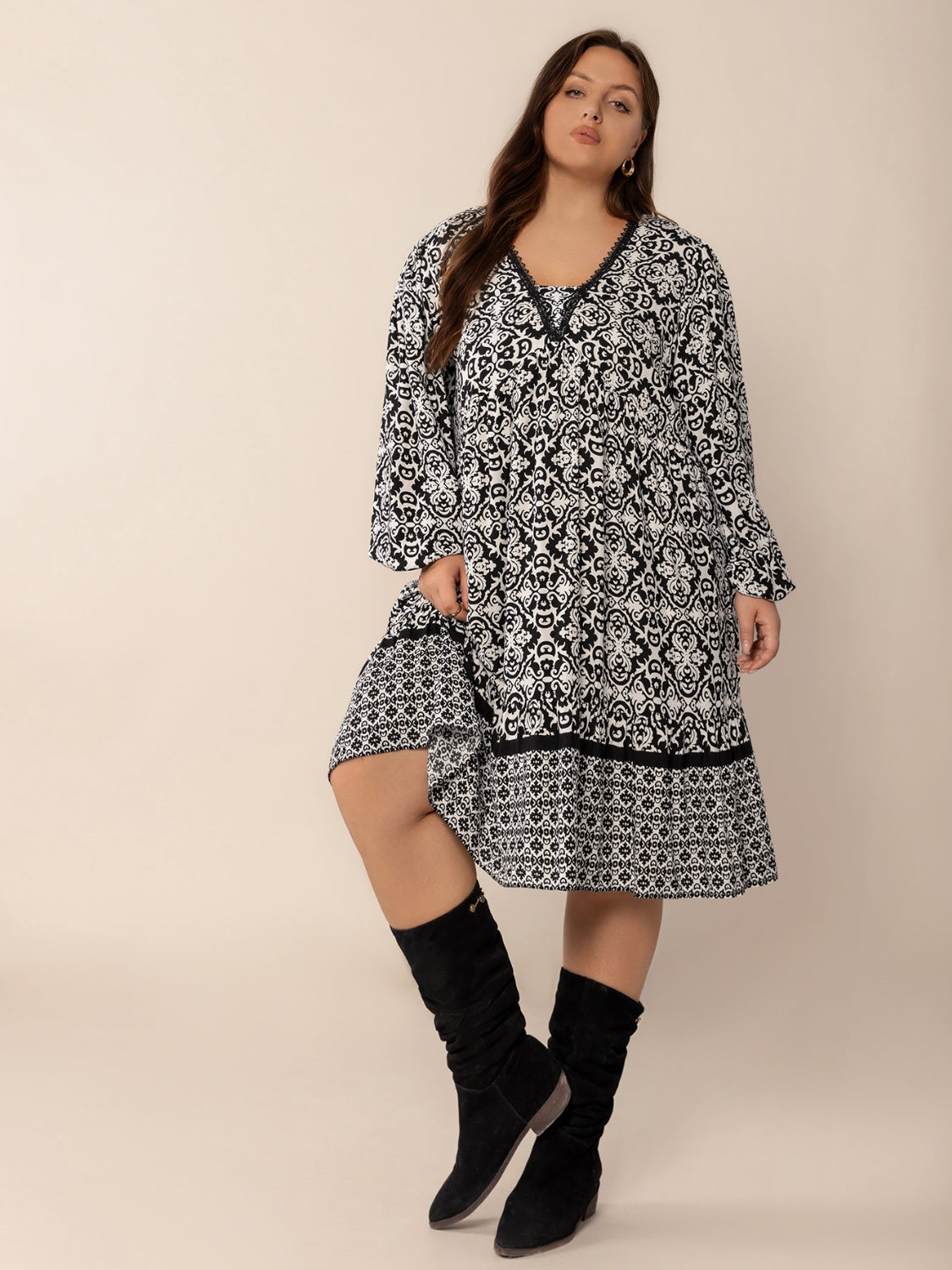 Plus Size Lace Detail Printed Balloon Sleeve Dress.