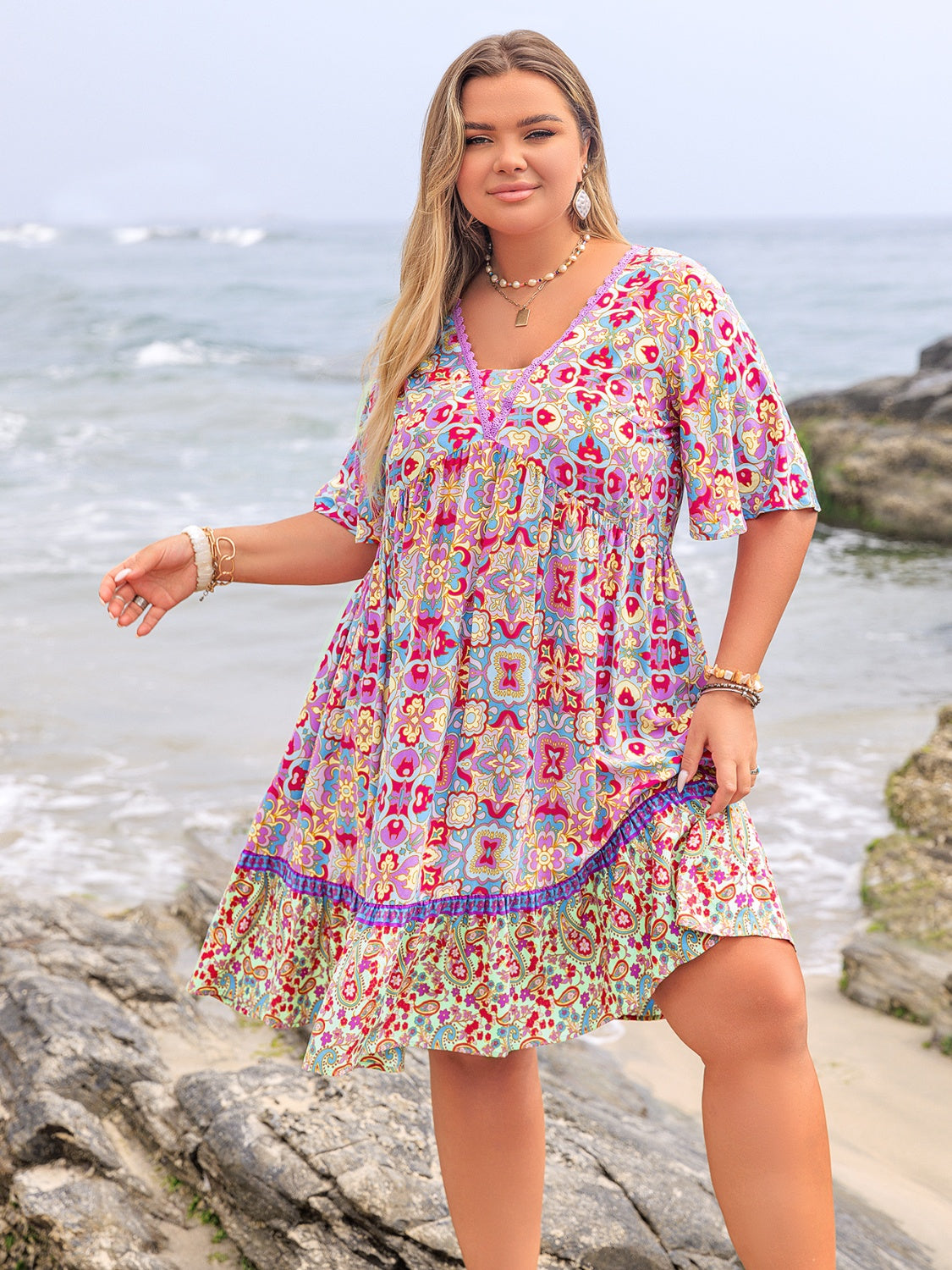 Plus Size Lace Detail Printed Half Sleeve Dress.