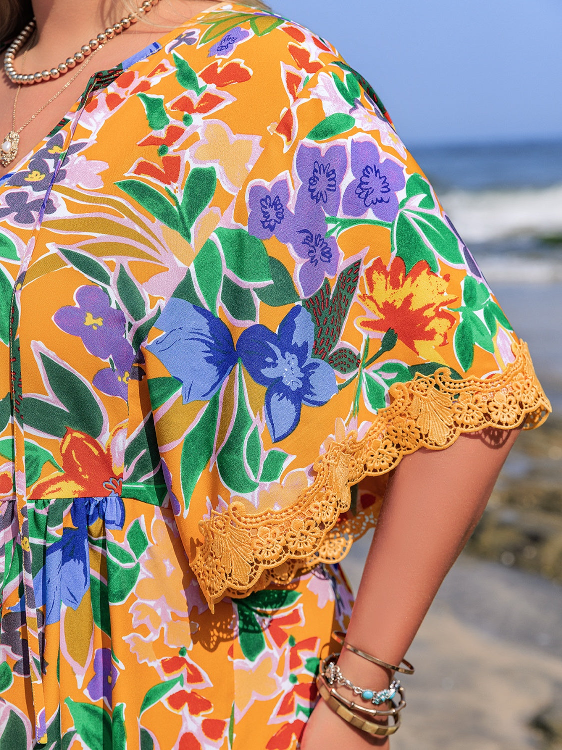 Plus Size Lace Detail Printed Tie Neck Half Sleeve Dress.
