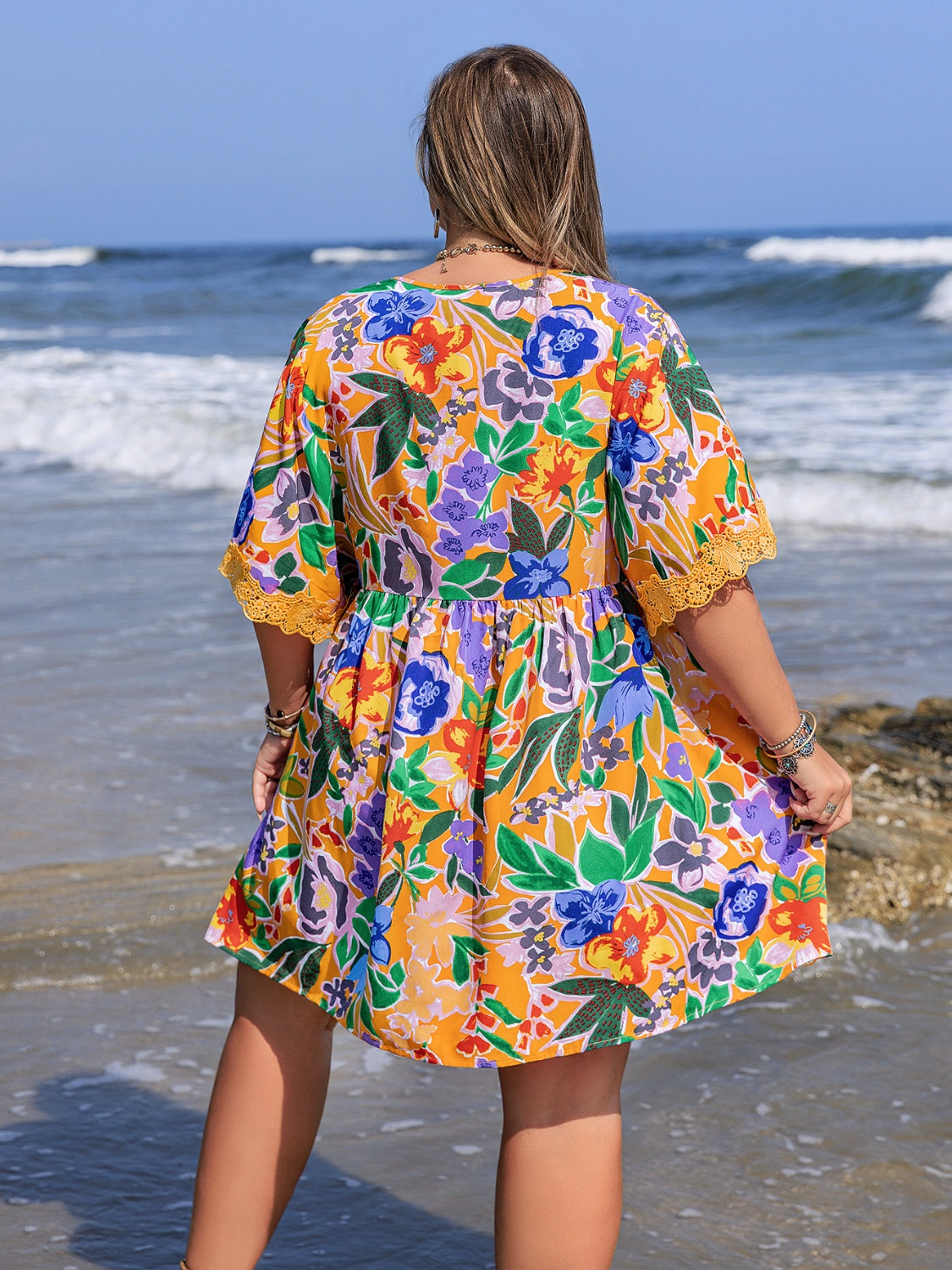 Plus Size Lace Detail Printed Tie Neck Half Sleeve Dress.