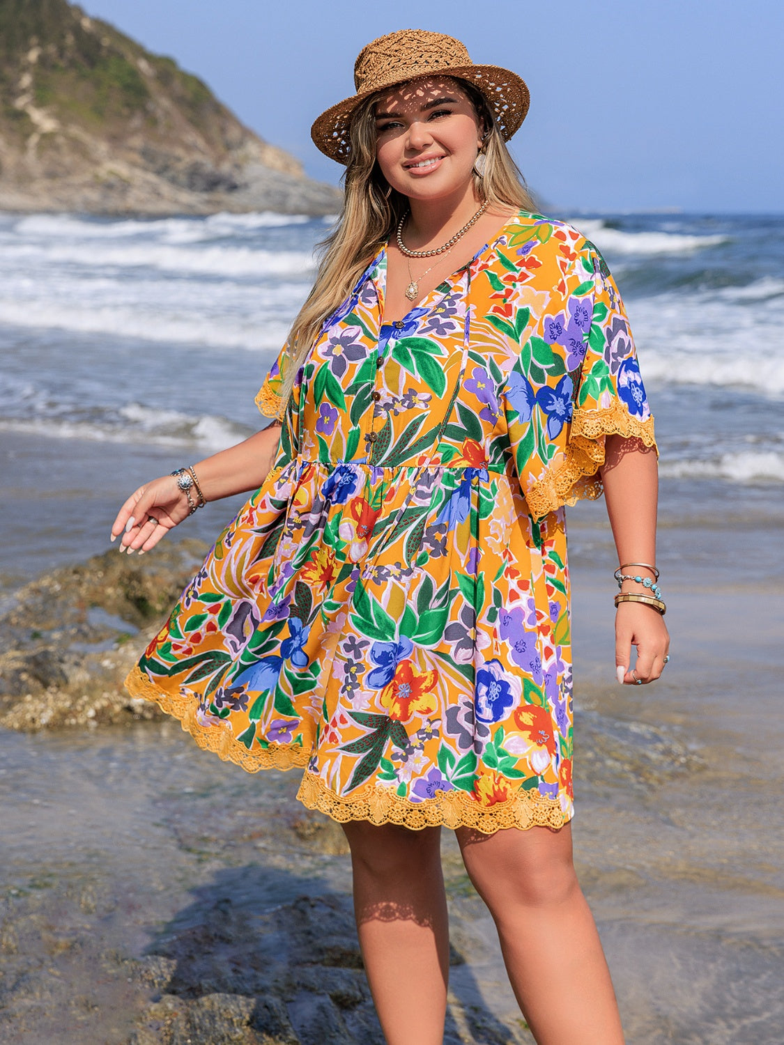 Plus Size Lace Detail Printed Tie Neck Half Sleeve Dress.