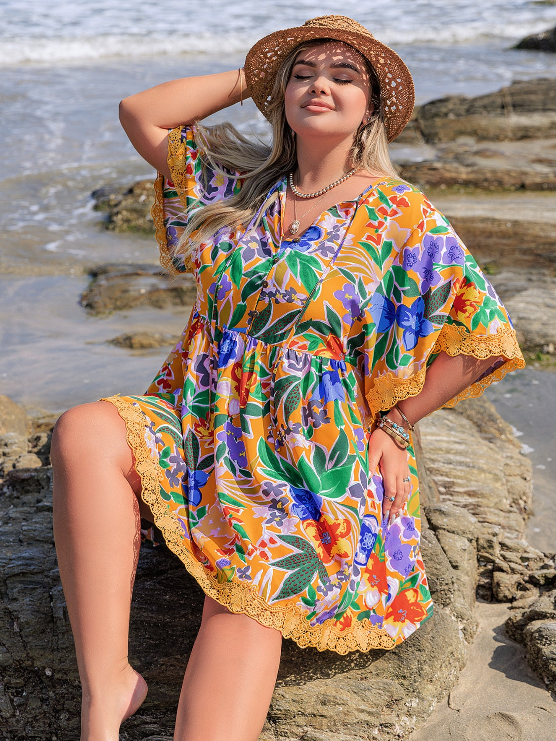 Plus Size Lace Detail Printed Tie Neck Half Sleeve Dress.