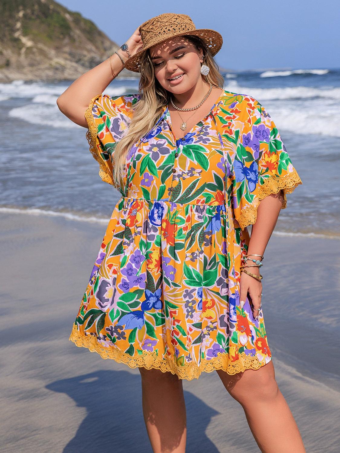 Plus Size Lace Detail Printed Tie Neck Half Sleeve Dress.