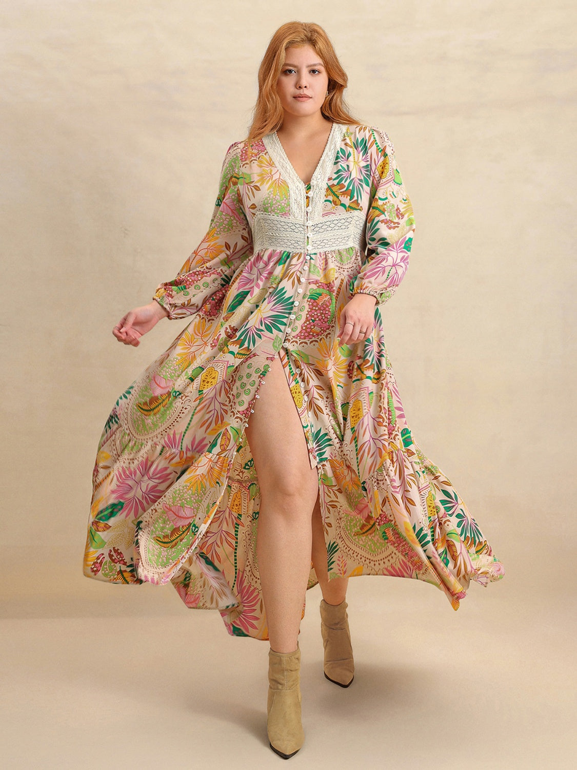 Plus Size Lace Detail Printed V-Neck Balloon Sleeve Dress.