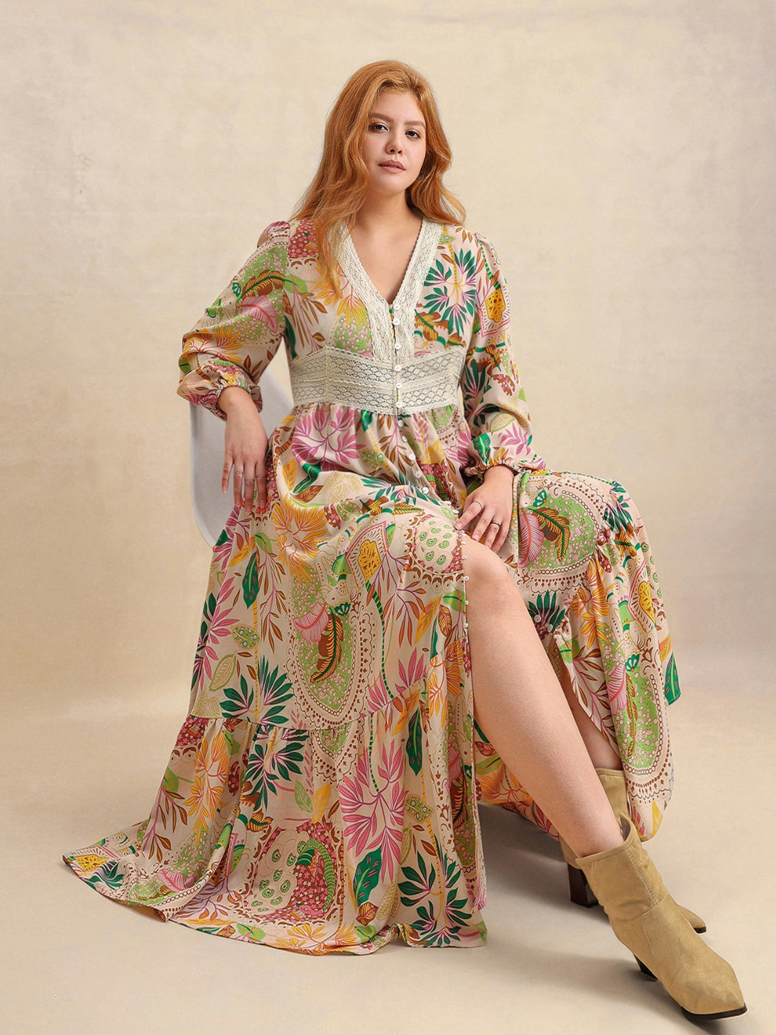 Plus Size Lace Detail Printed V-Neck Balloon Sleeve Dress.