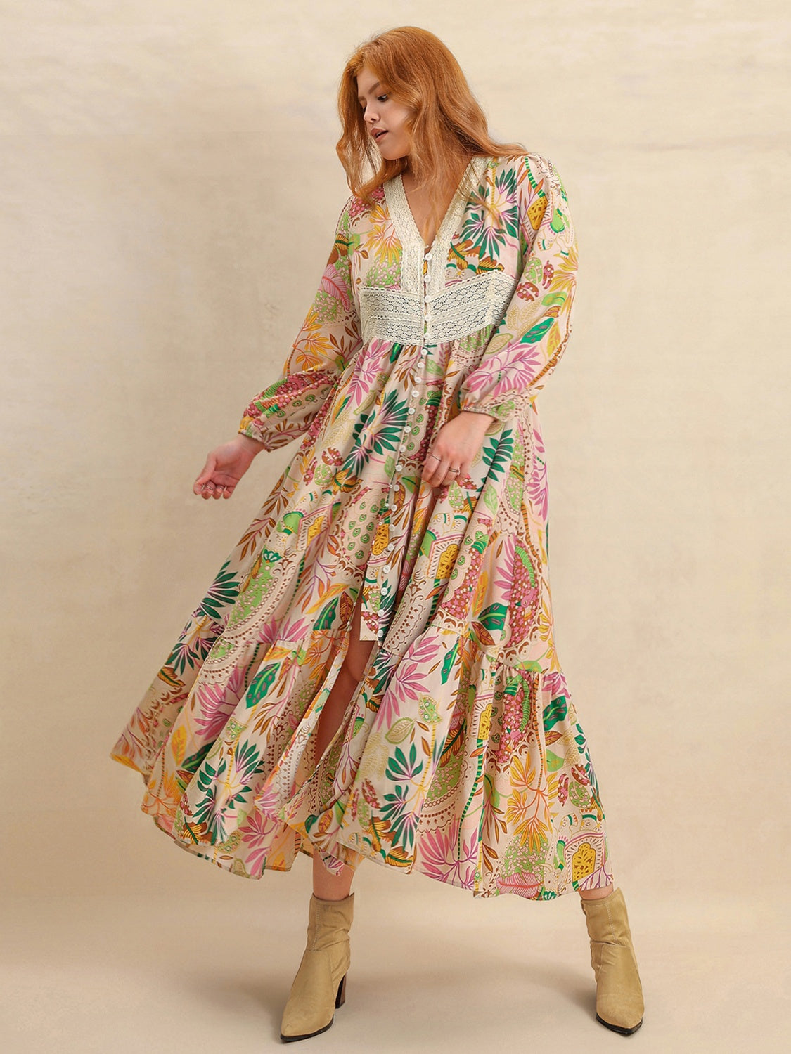 Plus Size Lace Detail Printed V-Neck Balloon Sleeve Dress.