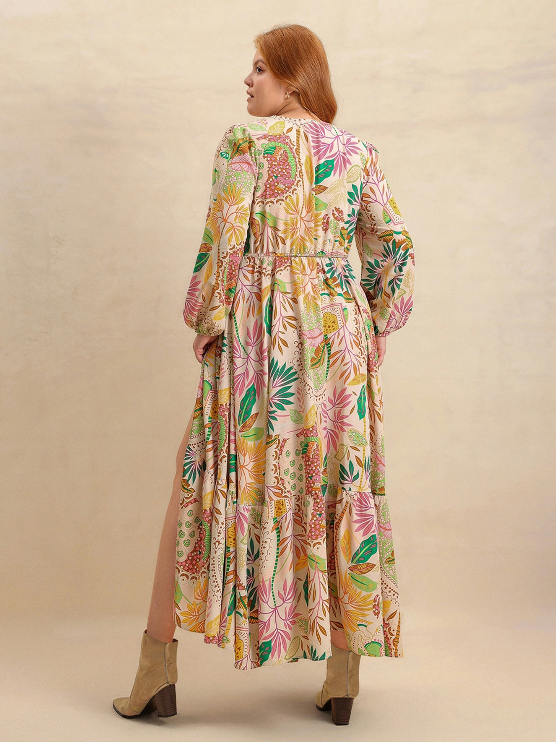 Plus Size Lace Detail Printed V-Neck Balloon Sleeve Dress.