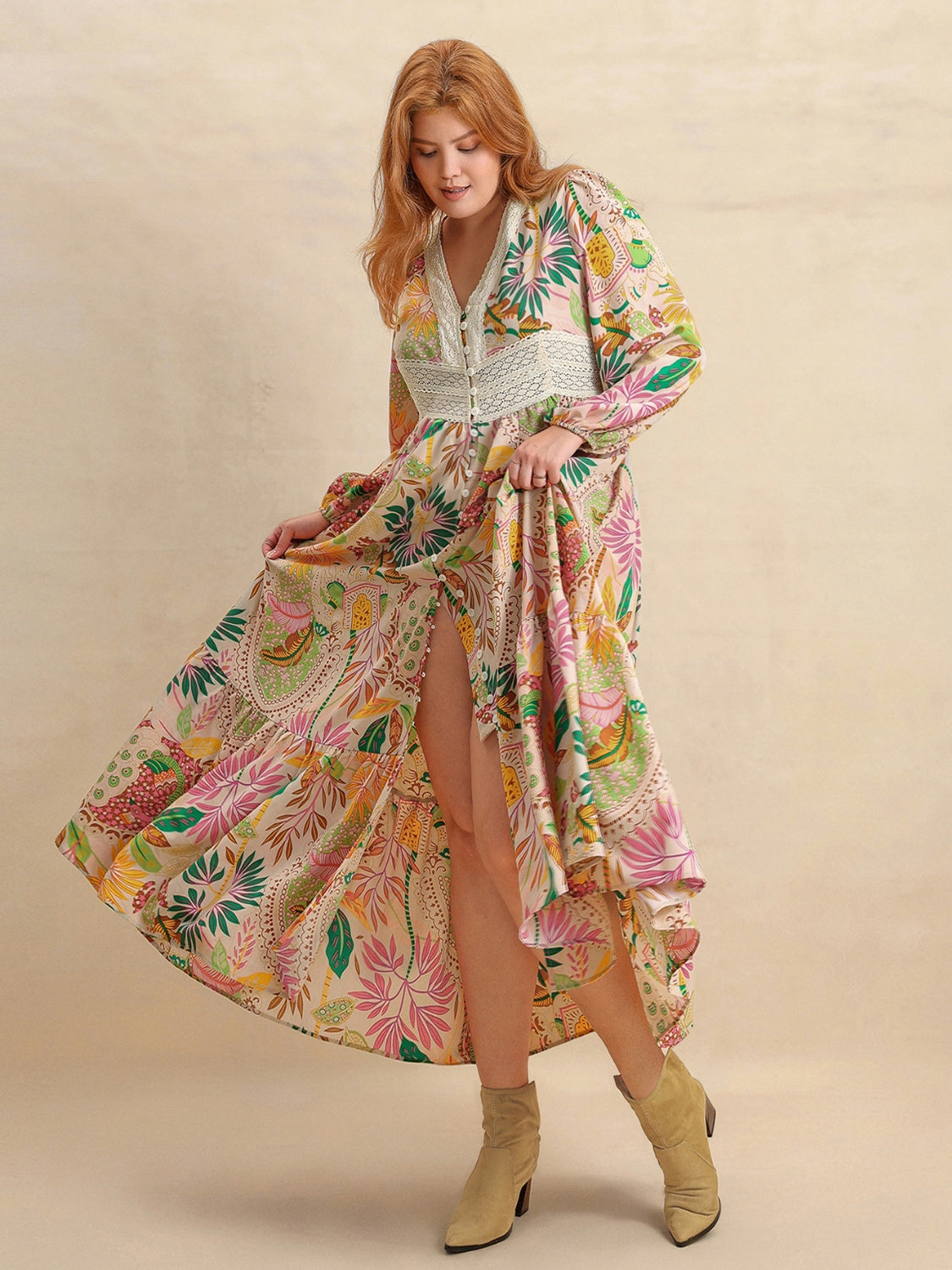 Plus Size Lace Detail Printed V-Neck Balloon Sleeve Dress.