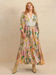 Plus Size Lace Detail Printed V-Neck Balloon Sleeve Dress.