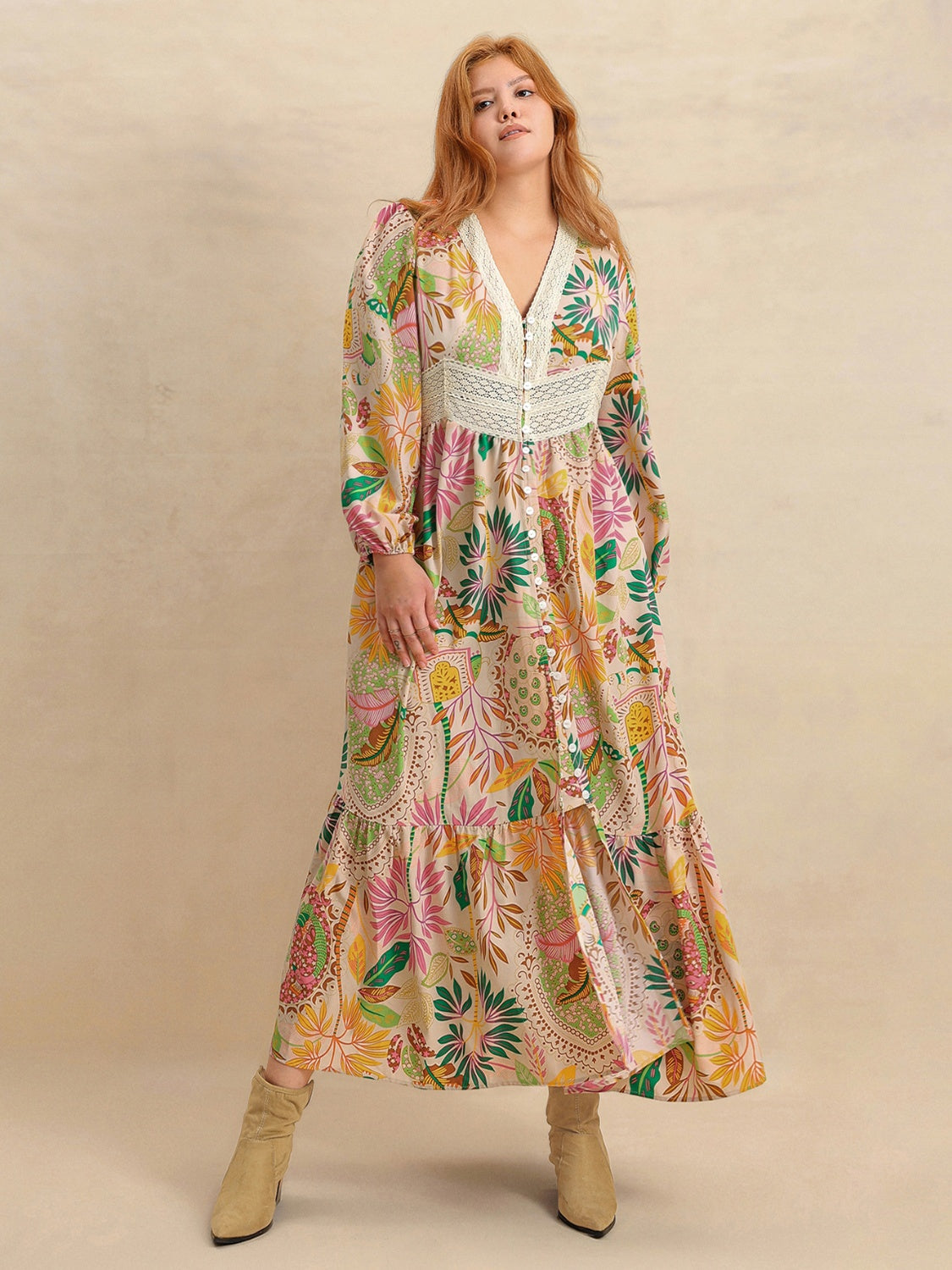 Plus Size Lace Detail Printed V-Neck Balloon Sleeve Dress.