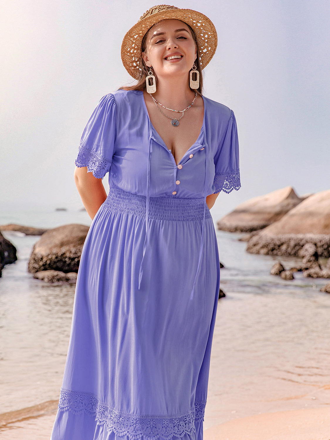 Plus Size Lace Detail Tie Neck Short Sleeve Maxi Dress.