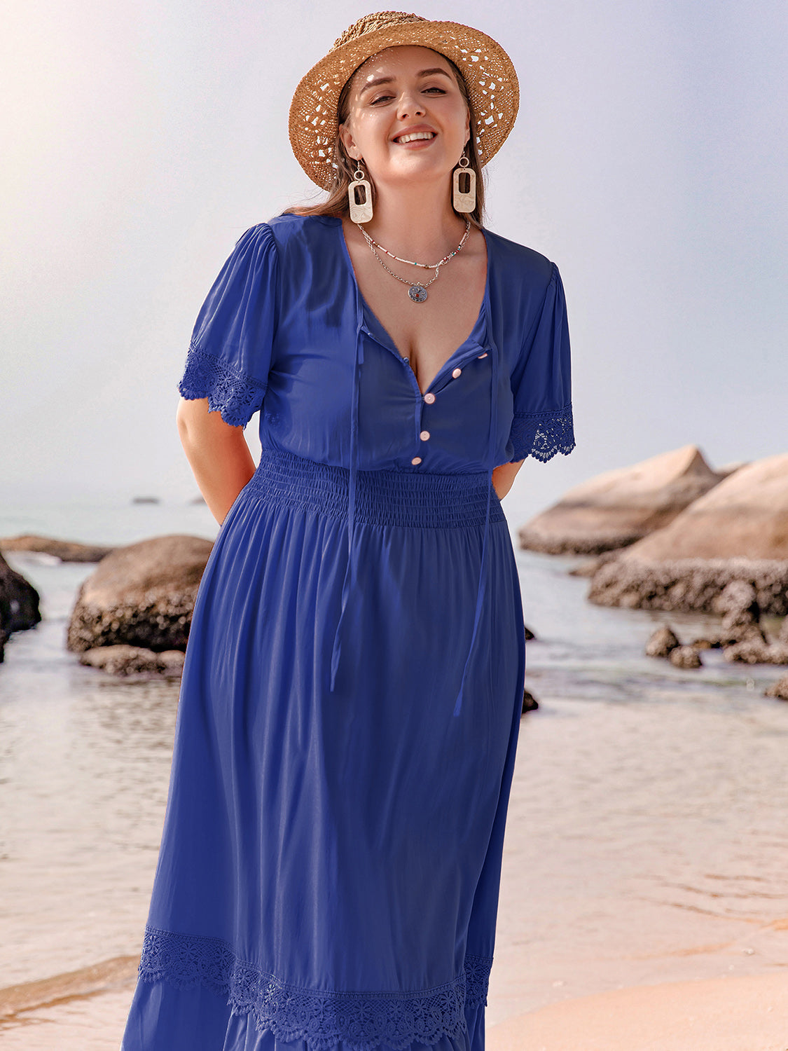 Plus Size Lace Detail Tie Neck Short Sleeve Maxi Dress.