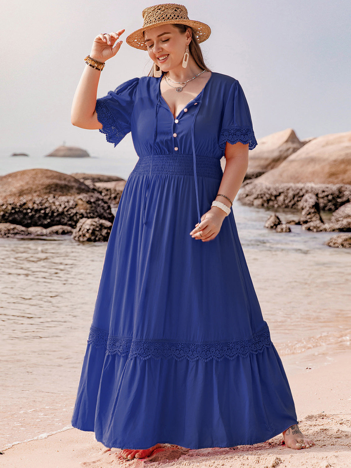 Plus Size Lace Detail Tie Neck Short Sleeve Maxi Dress.