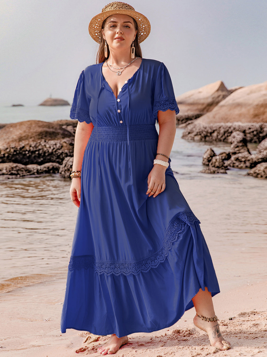 Plus Size Lace Detail Tie Neck Short Sleeve Maxi Dress.
