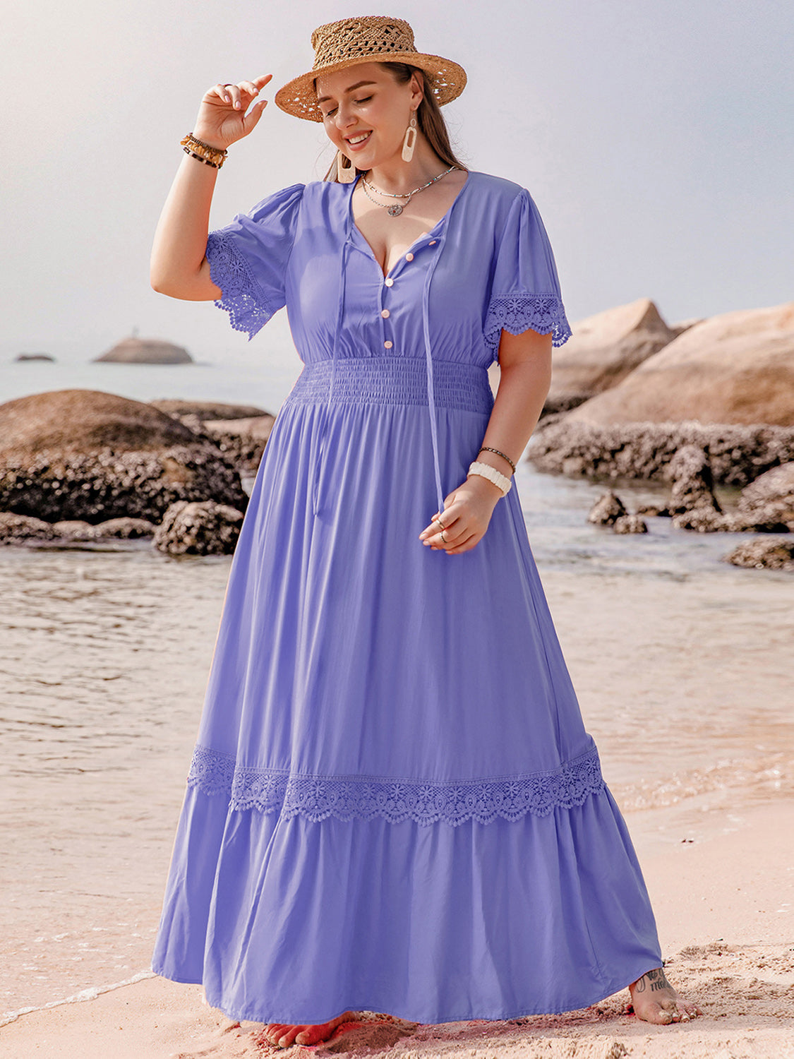Plus Size Lace Detail Tie Neck Short Sleeve Maxi Dress.