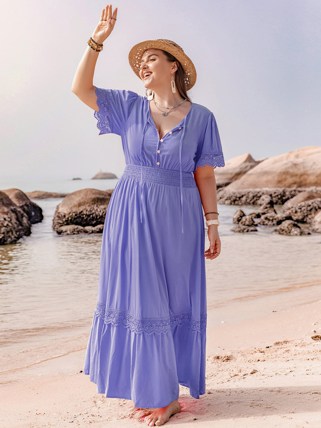 Plus Size Lace Detail Tie Neck Short Sleeve Maxi Dress.