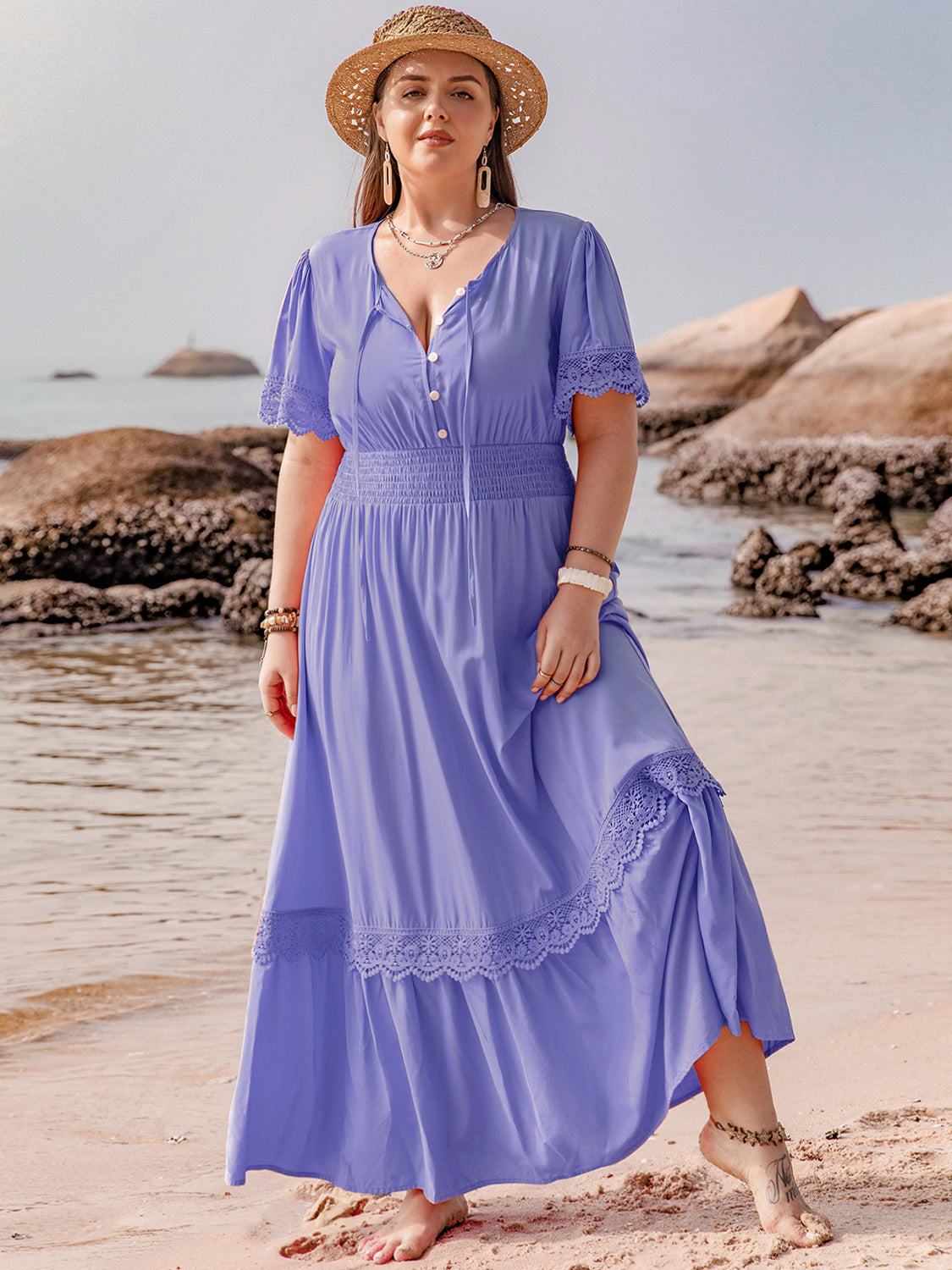 Plus Size Lace Detail Tie Neck Short Sleeve Maxi Dress.