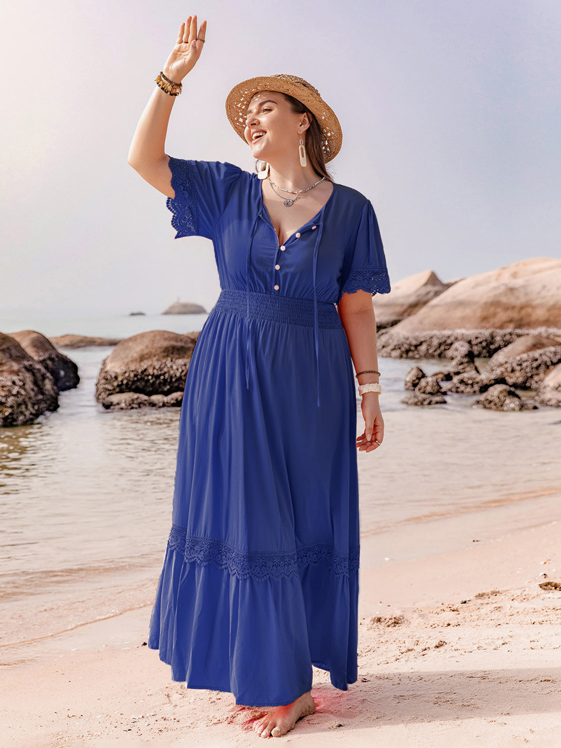 Plus Size Lace Detail Tie Neck Short Sleeve Maxi Dress.