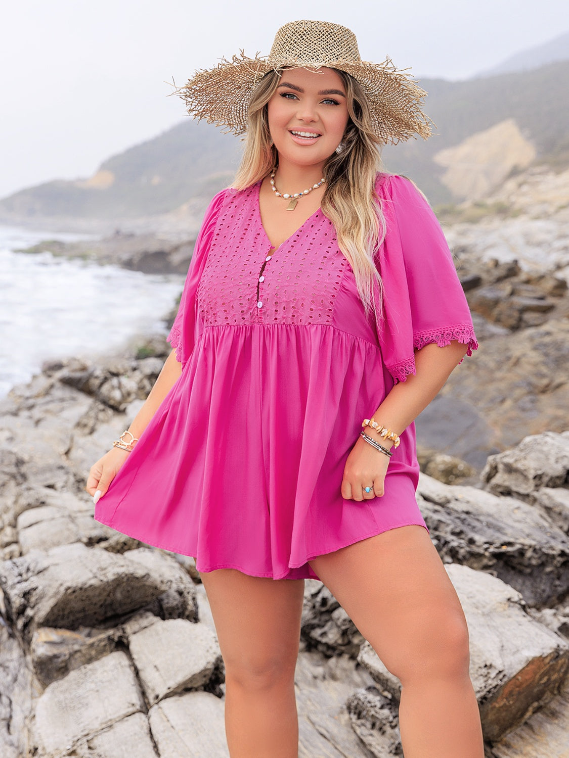 Plus Size Lace Detail V-Neck Half Sleeve Romper with Buttons, Eyelet, and Ruched.