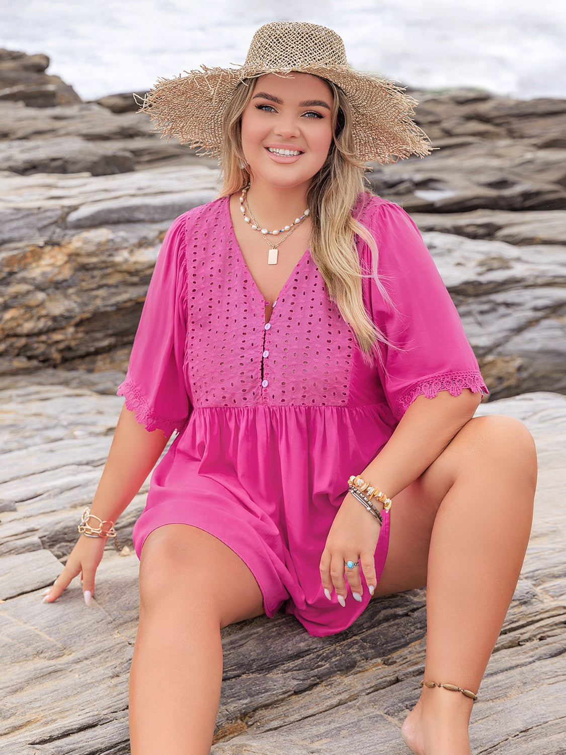 Plus Size Lace Detail V-Neck Half Sleeve Romper with Buttons, Eyelet, and Ruched.