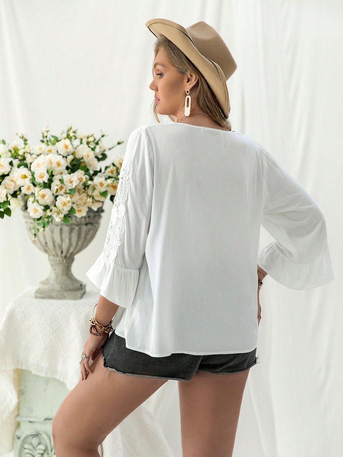Plus Size Lace Detail V-Neck Three-Quarter Sleeve Blouse.
