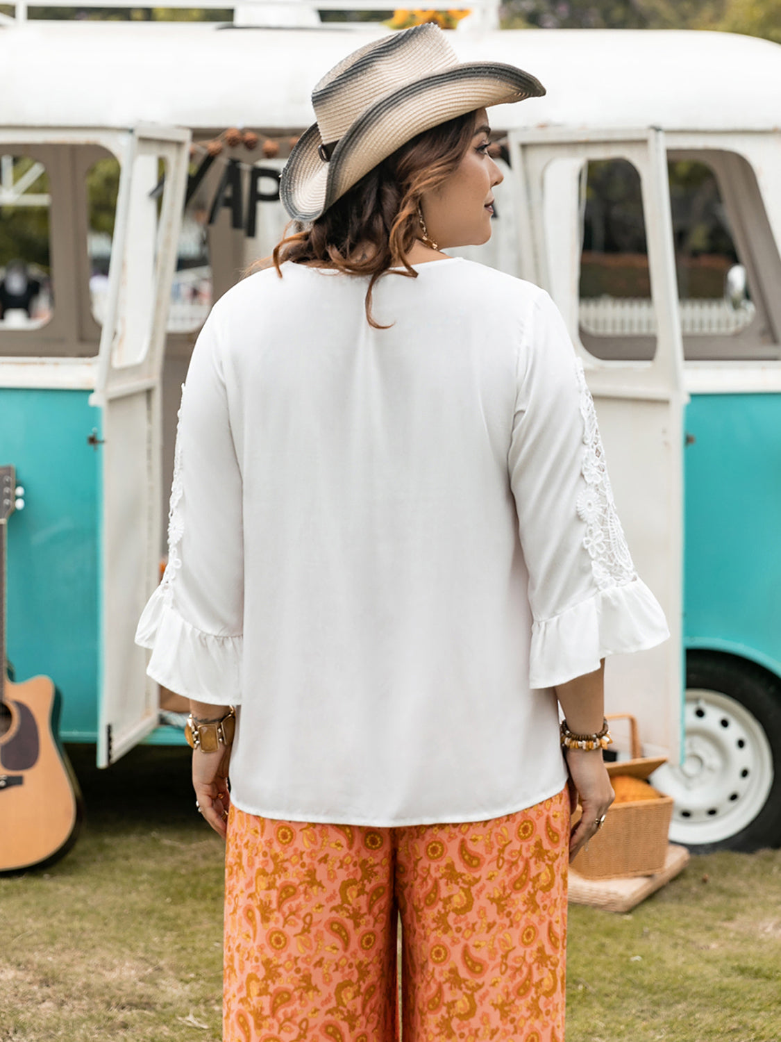 Plus Size Lace Detail V-Neck Three-Quarter Sleeve Blouse.