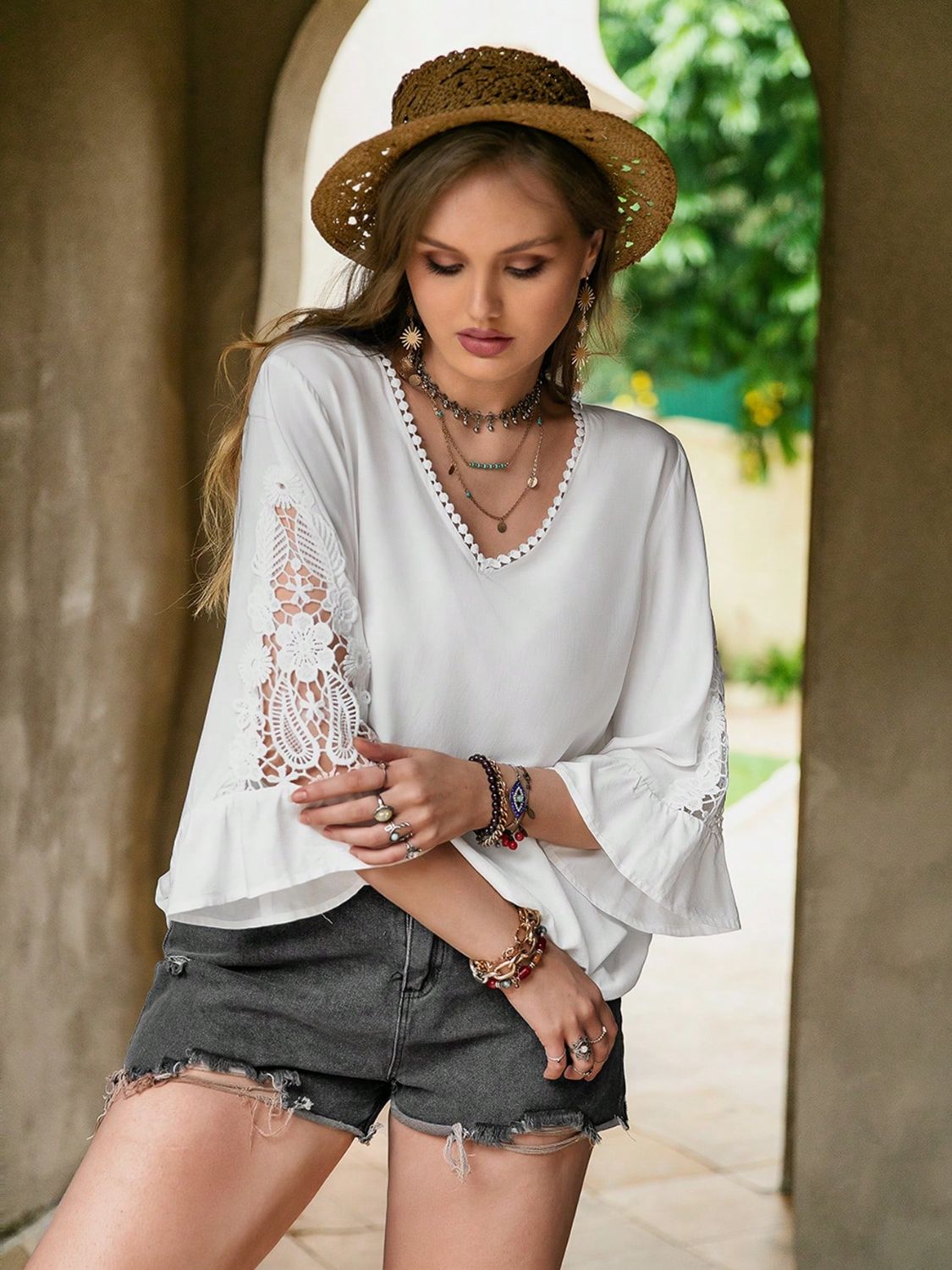 Plus Size Lace Detail V-Neck Three-Quarter Sleeve Blouse.