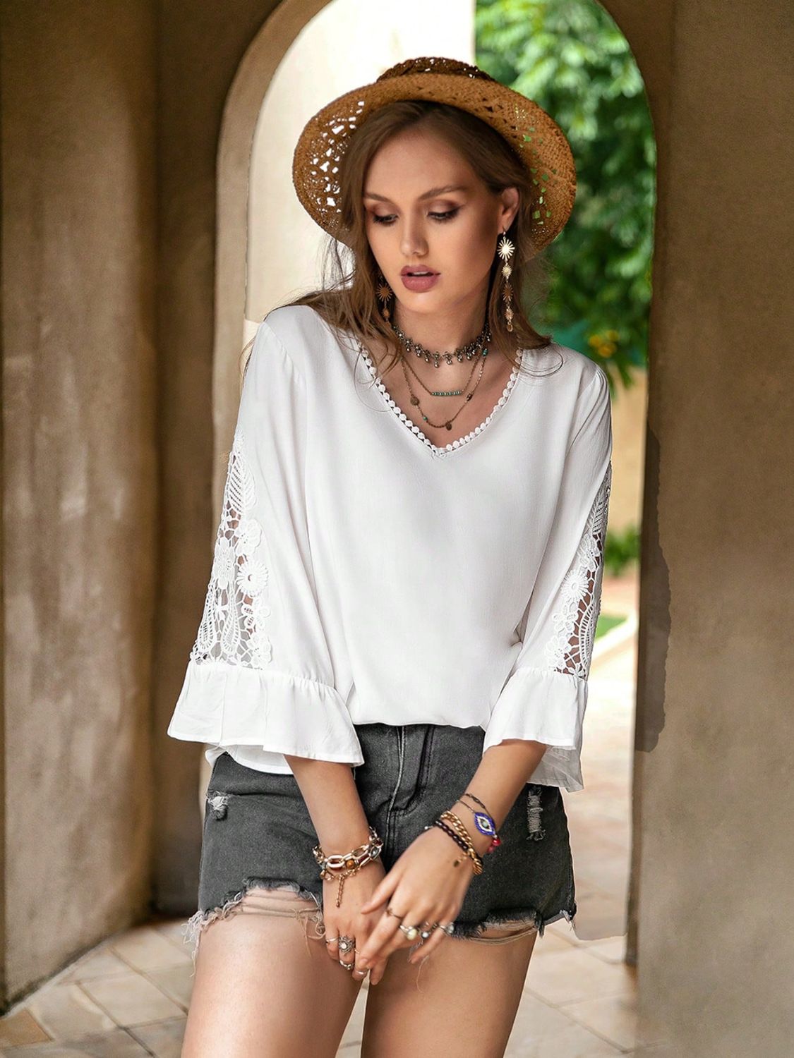 Plus Size Lace Detail V-Neck Three-Quarter Sleeve Blouse.