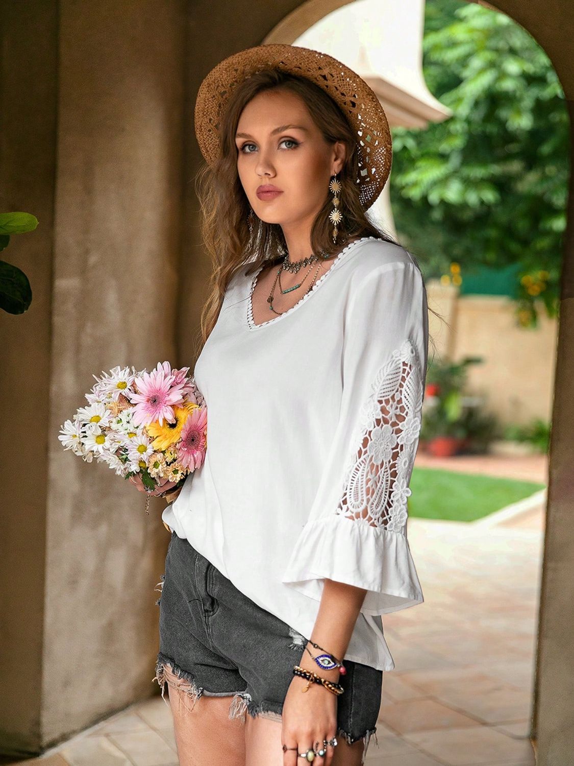 Plus Size Lace Detail V-Neck Three-Quarter Sleeve Blouse.