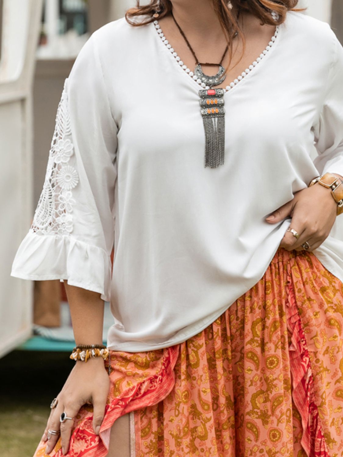 Plus Size Lace Detail V-Neck Three-Quarter Sleeve Blouse.