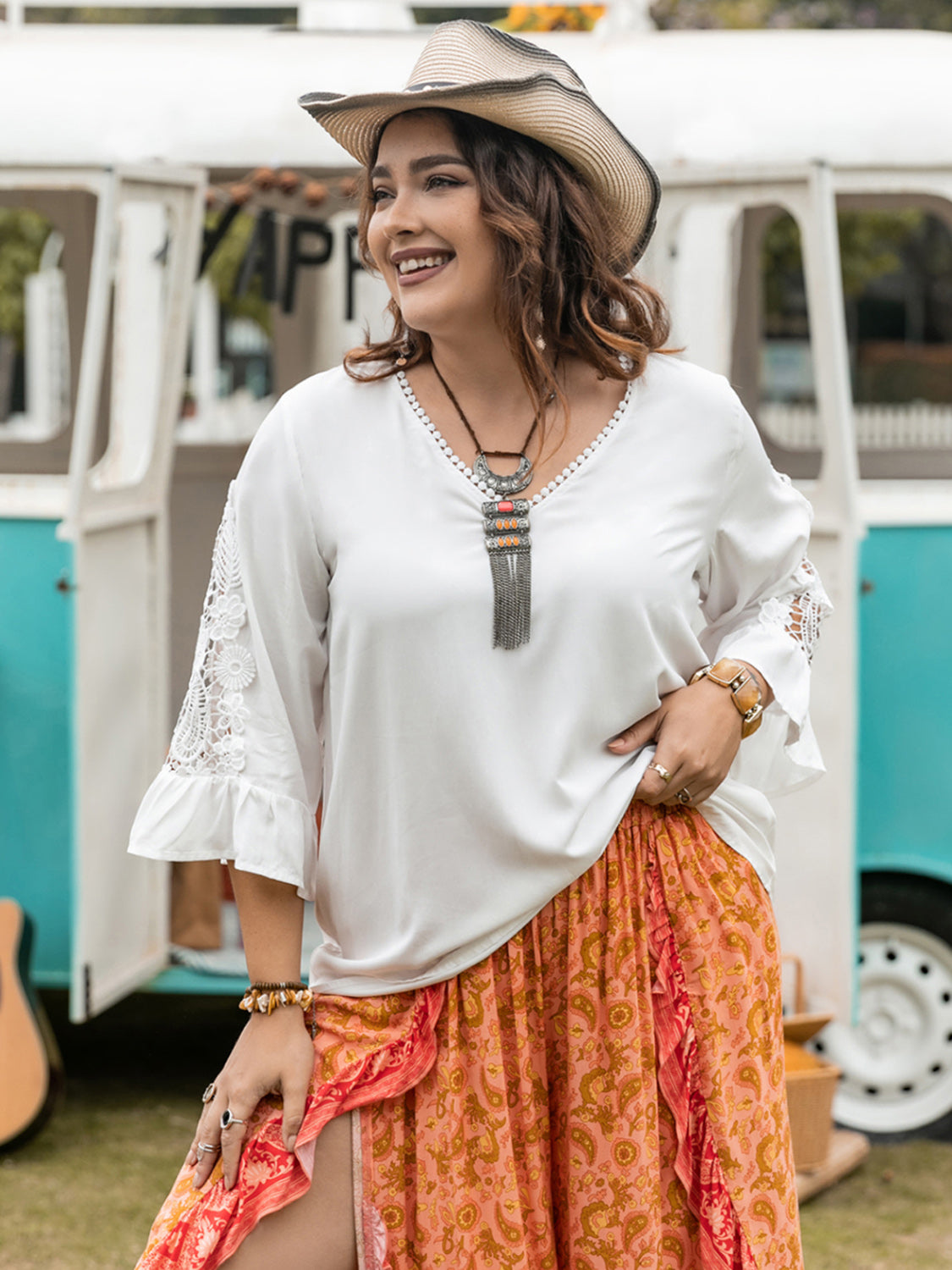 Plus Size Lace Detail V-Neck Three-Quarter Sleeve Blouse.