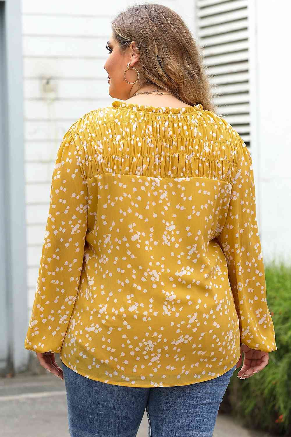 Plus Size Notched Neck Smocked Blouse with Ruched.