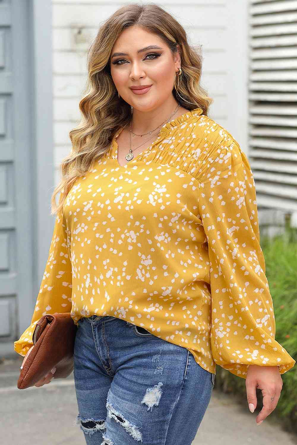 Plus Size Notched Neck Smocked Blouse with Ruched.