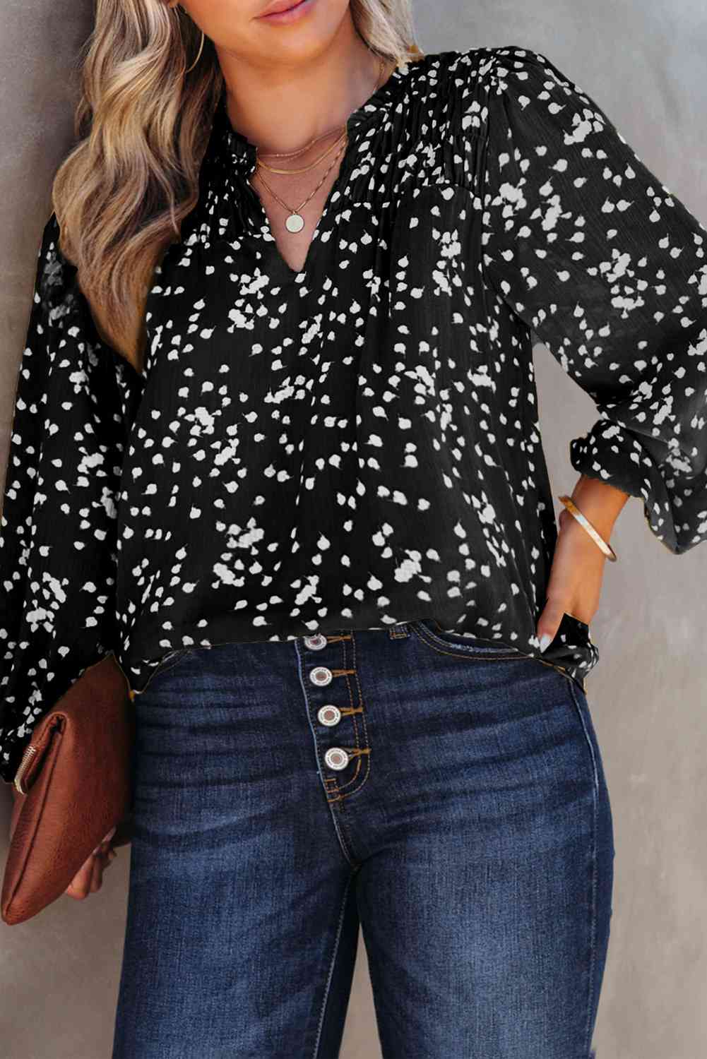 Plus Size Notched Neck Smocked Blouse with Ruched.