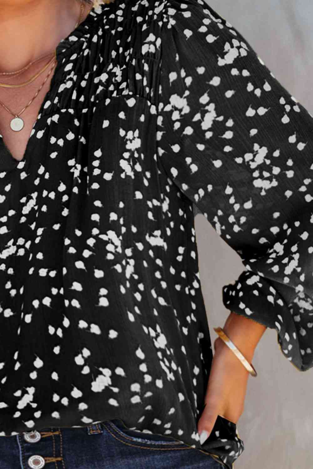 Plus Size Notched Neck Smocked Blouse with Ruched.