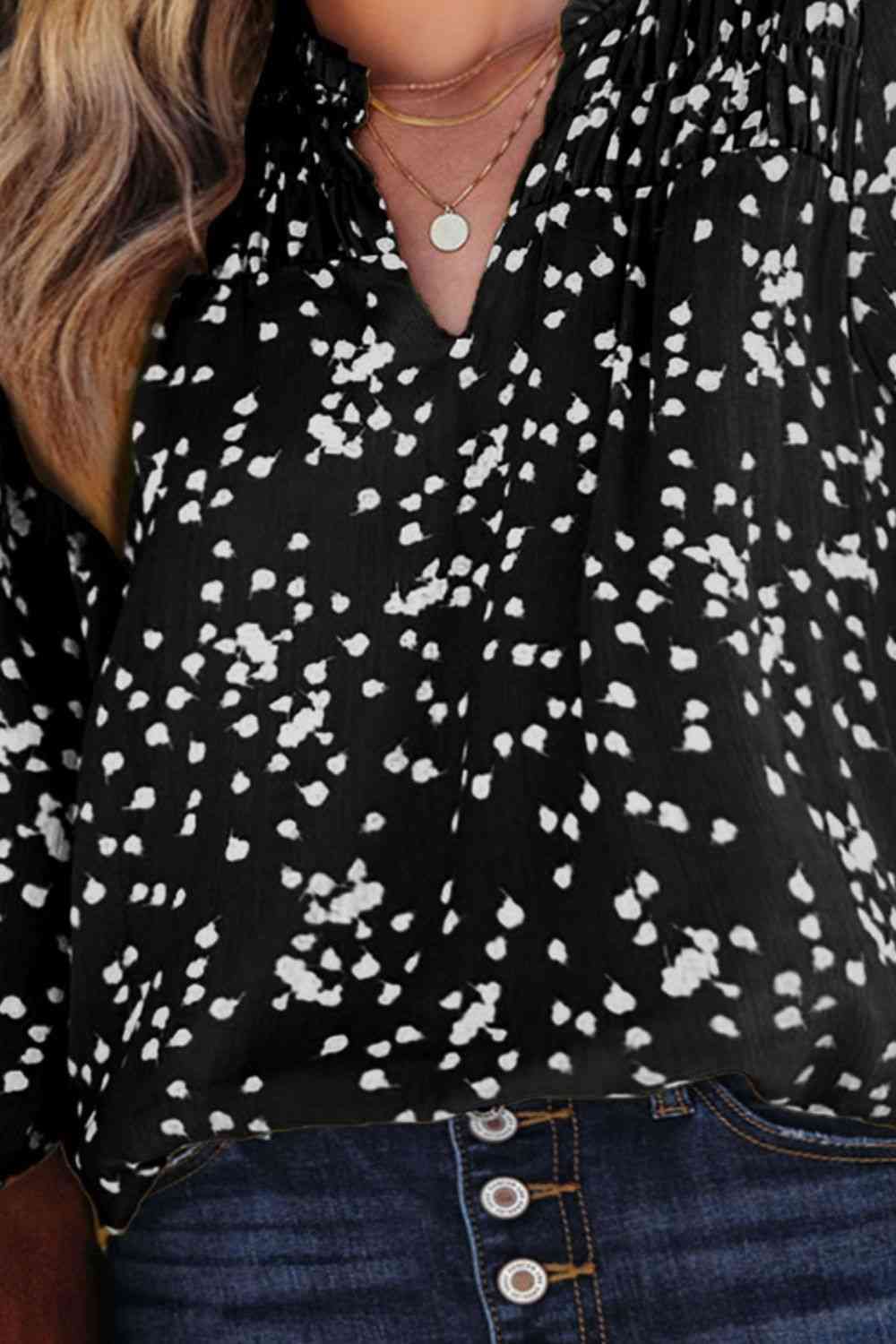 Plus Size Notched Neck Smocked Blouse with Ruched.