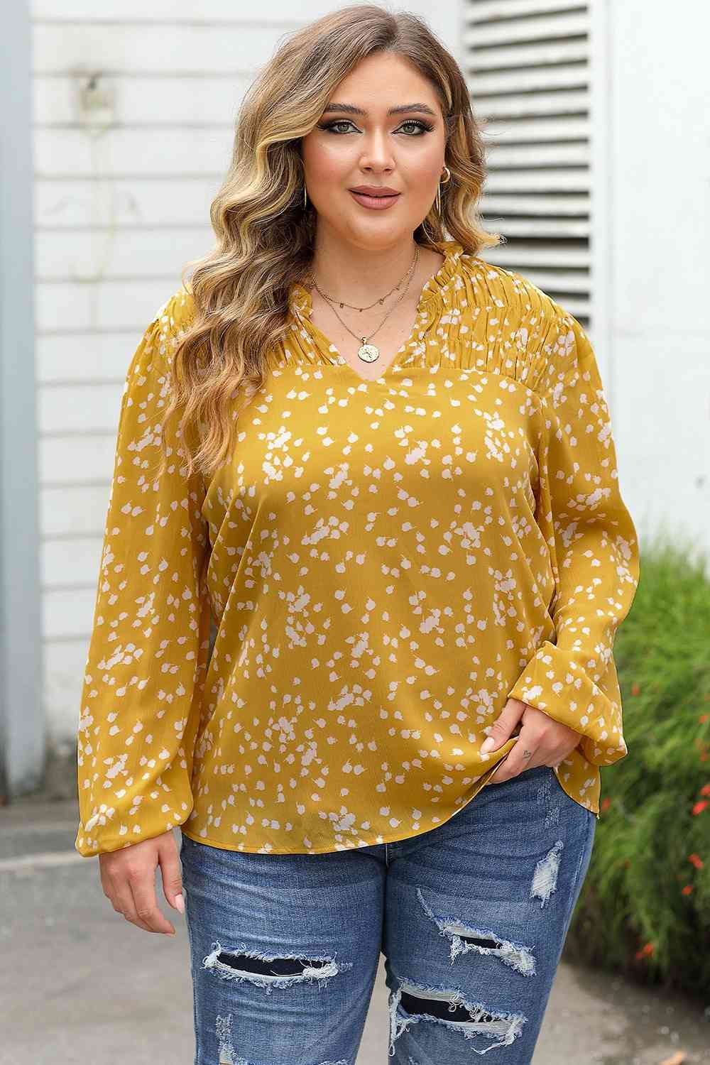 Plus Size Notched Neck Smocked Blouse with Ruched.
