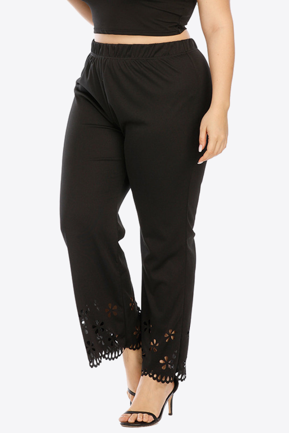 Plus size openwork elastic waist pants, slightly stretchy.