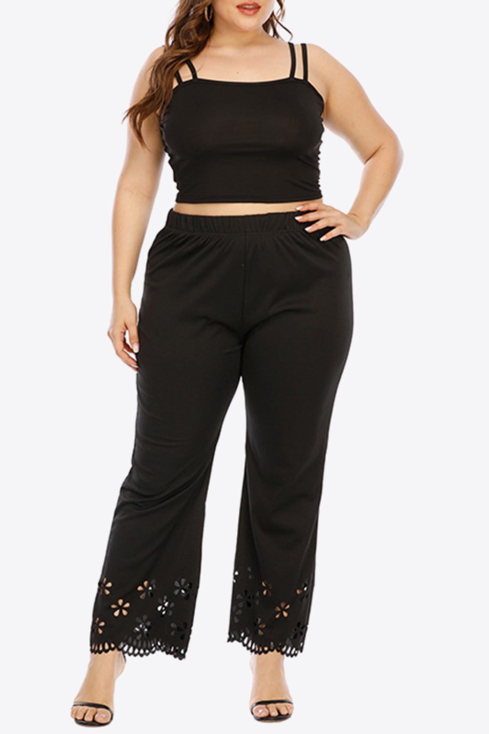 Plus size openwork elastic waist pants, slightly stretchy.